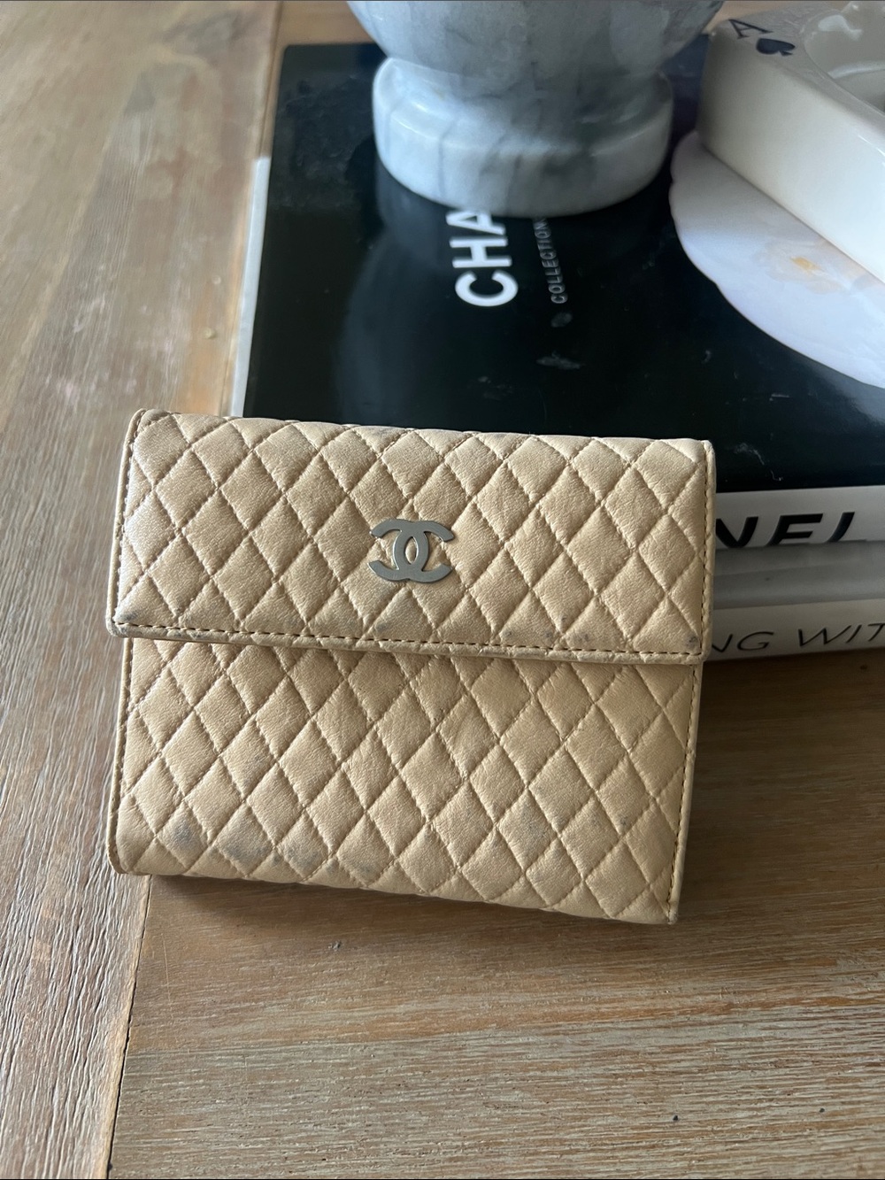 CHANEL Beige Quilted Leather Small Flap Wallet with Silver CC